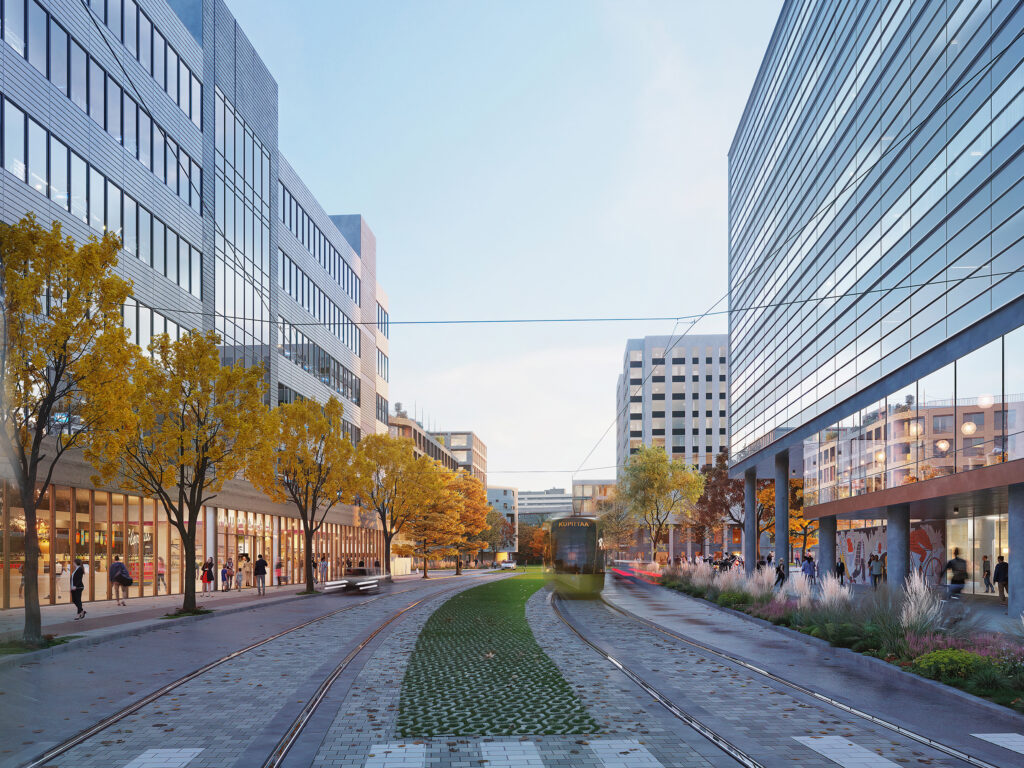 Näkymä uudesta raitiotielinjasta nykyisen ElectroCityn ohitse.